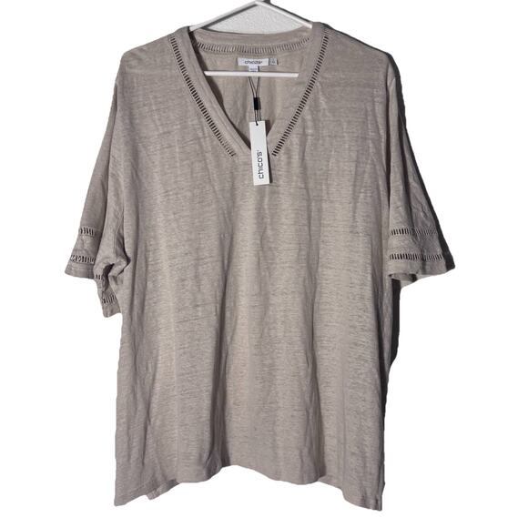 New Chico's Ladder Lace Detail Linen Smokey Taupe Blouse Sz 4 XXL - Picture 1 of 5
